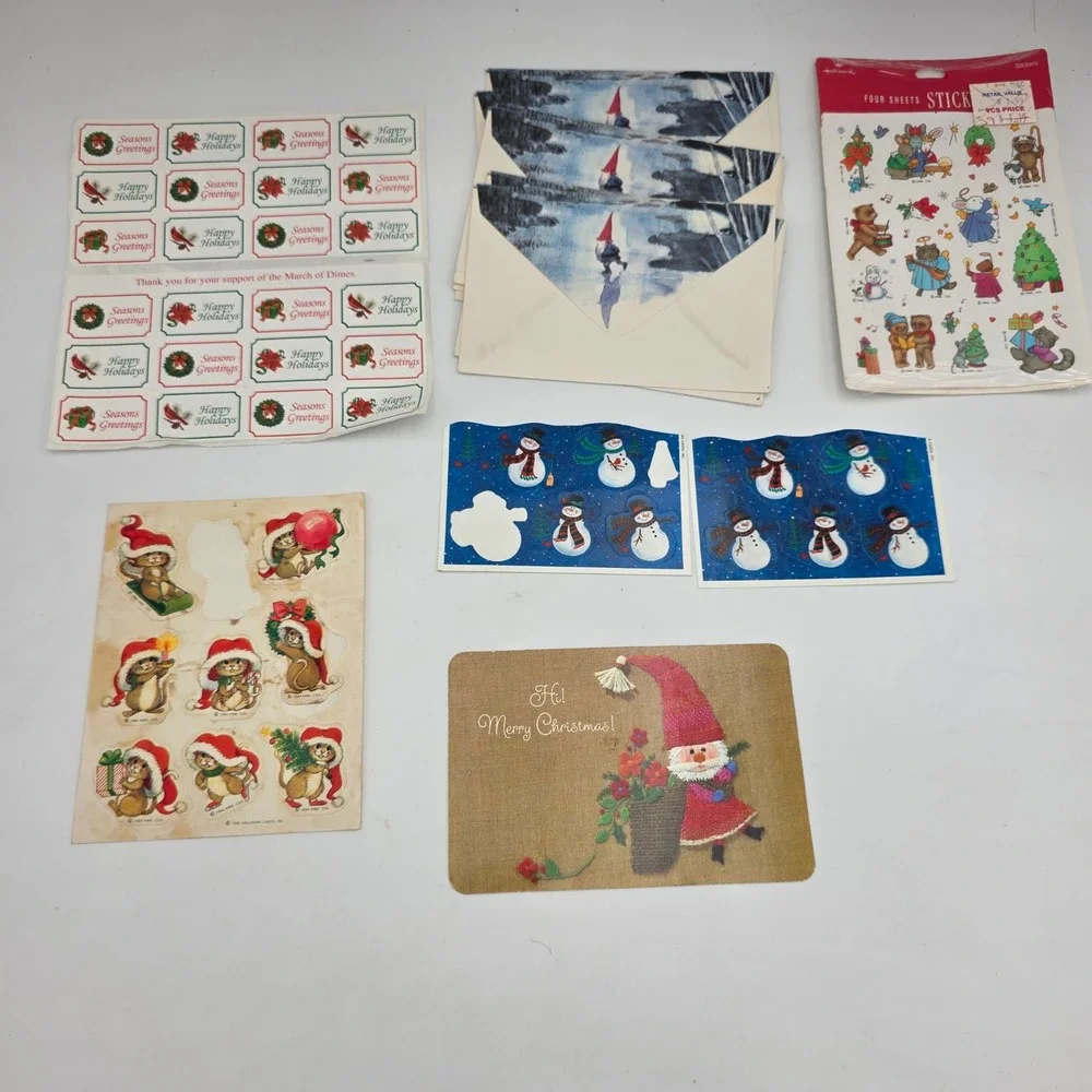 Vintage Hallmark Christmas Stickers Envelopes Postcard Lot Gnomes Mice Snowmen